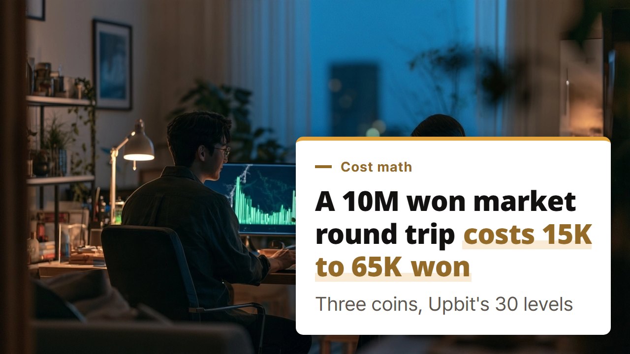 Automated crypto trading program costs compared, what the order book takes from a market order round trip on three Upbit coins
