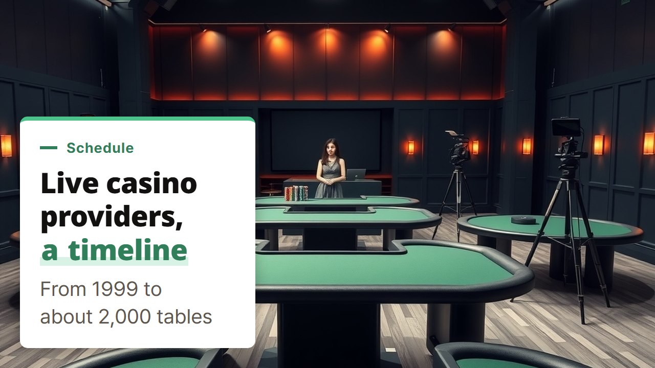 Live casino providers timeline, from Playtech in 1999 to Evolution's roughly 2,000 live tables in 2025