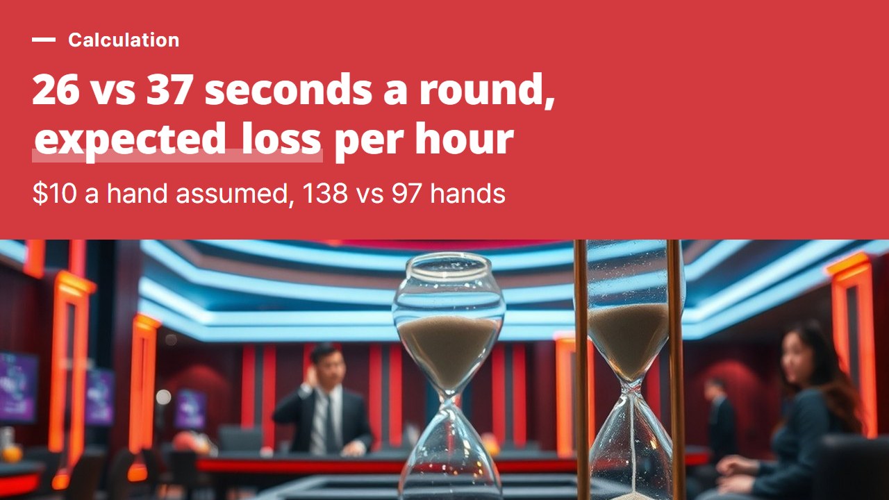 Speed baccarat hands per hour, 138 at 26 seconds a round and 97 at 37 seconds: the expected loss per hour when betting $10 a hand