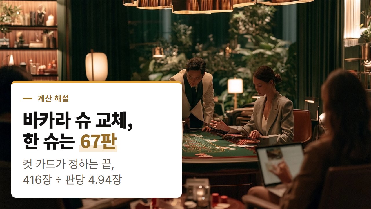 바카라 사이트 슈 교체는 컷 카드가 정하고, 416장을 판당 4.94장으로 나누면 한 슈 67판이 나온다