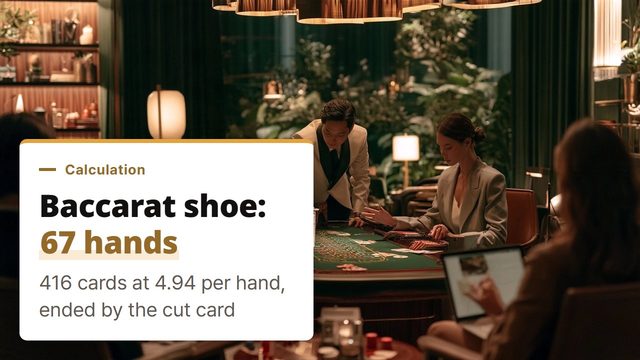 Baccarat shoe change at live casino sites is set by the cut card, and 416 cards at 4.94 per hand explain how many hands are in a baccarat shoe