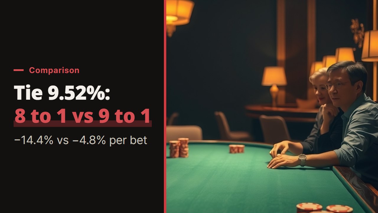 Baccarat tie odds of 9.52% at 8 to 1 vs 9 to 1, why the same chance costs 14.4% or 4.8% per bet