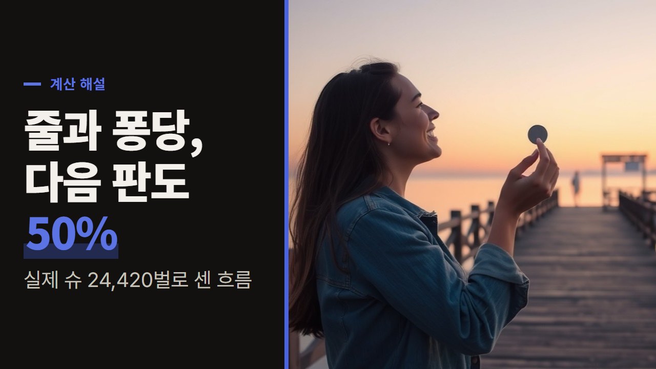 바카라 패턴의 흐름, 줄과 퐁당이 다음 판에도 이어질 확률을 실제 슈 24,420벌로 계산했습니다