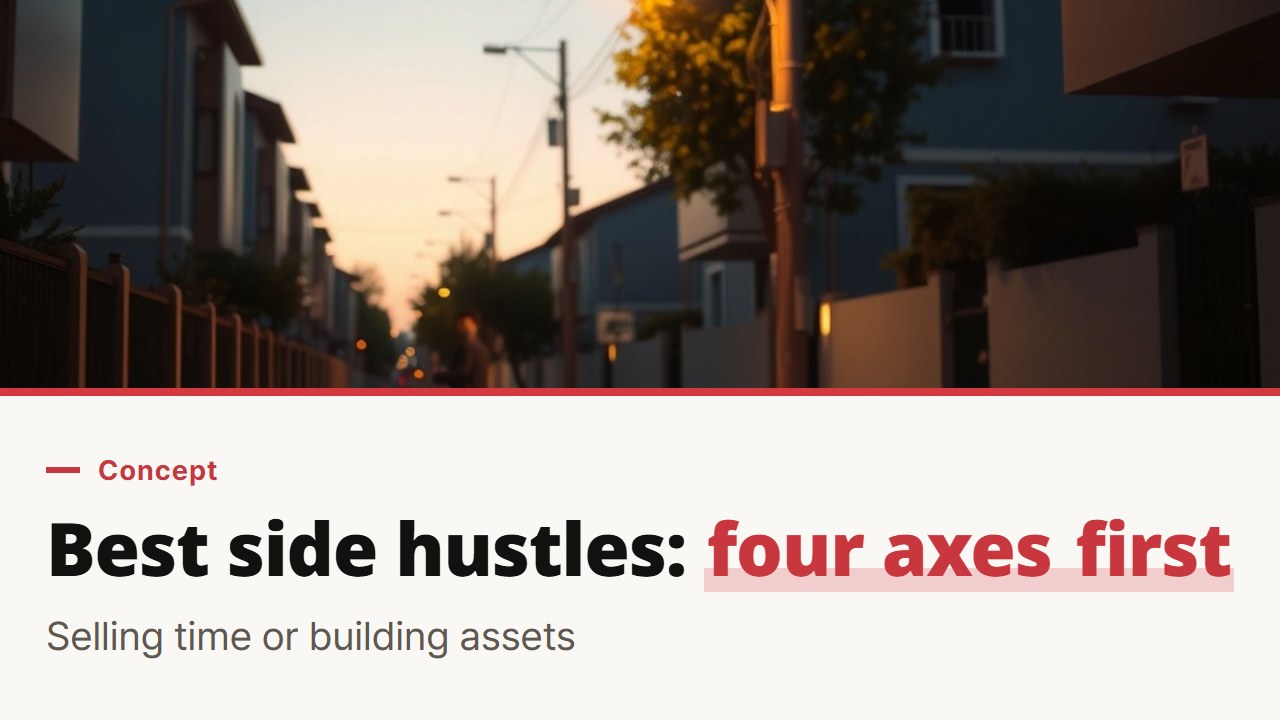 Best side hustles lists, sorted on four axes first: selling your time or building something