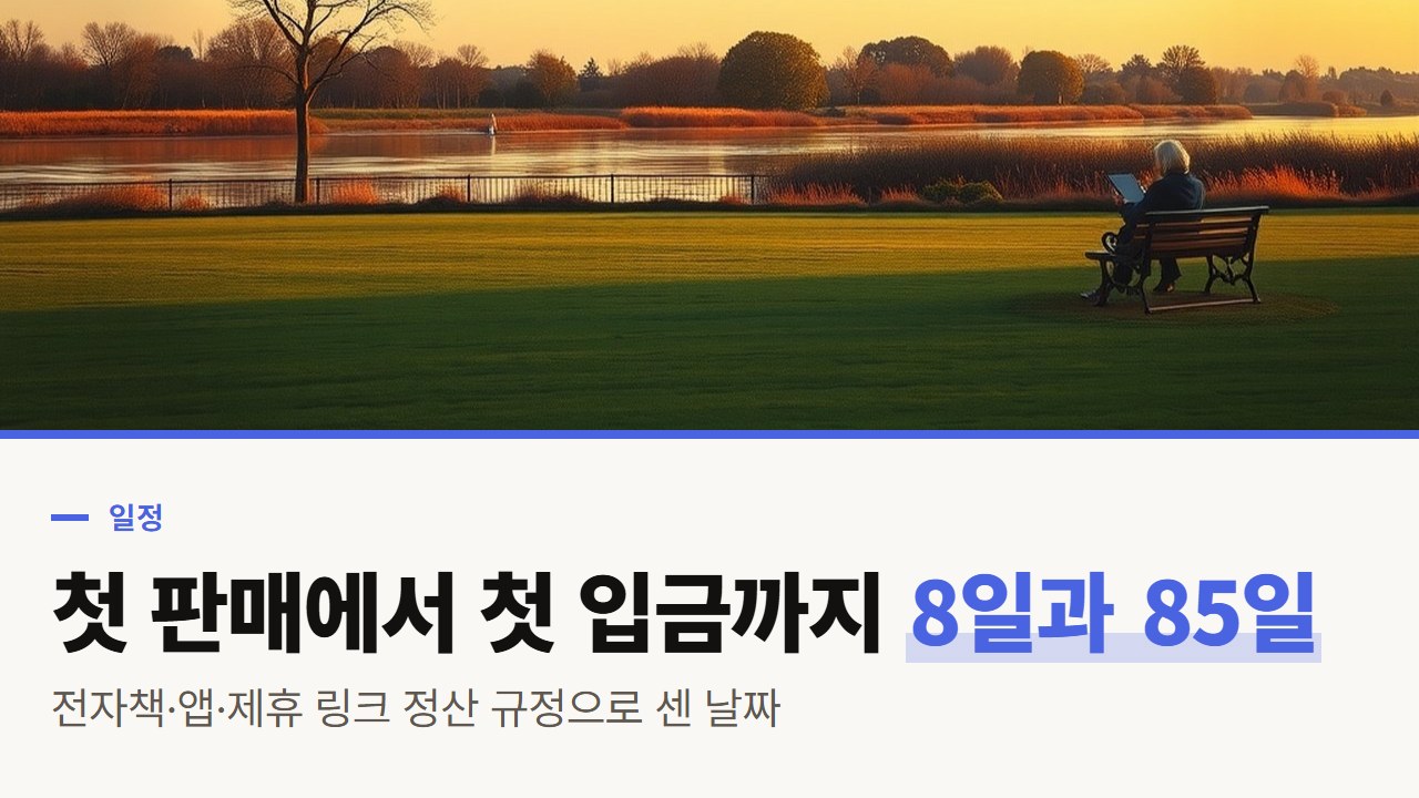 자동 수익, 첫 판매에서 첫 입금까지 8일과 85일 사이: 전자책·앱·제휴 링크 정산 규정으로 센 일정