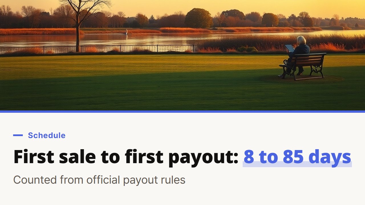Automated income streams: 8 to 85 days from first sale to first payout, counted from official payout rules