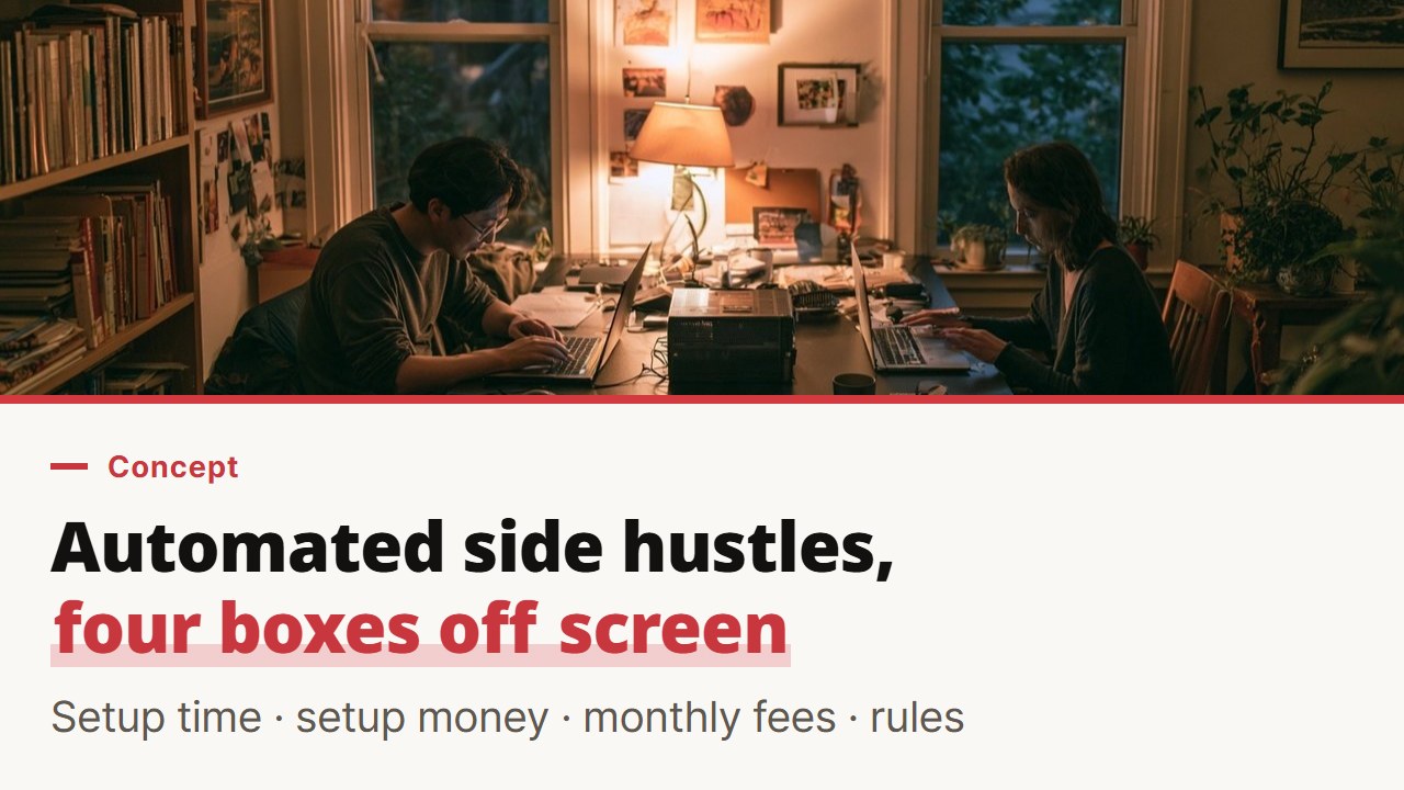 Automated side hustles outside the video: tool fees and platform posting caps compared
