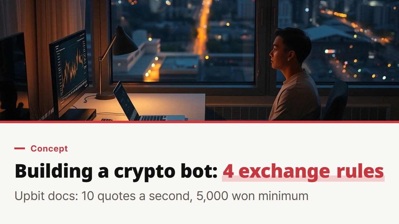 How to build a crypto trading bot on Upbit's Open API: 10 quote requests a second and a 5,000 won minimum order