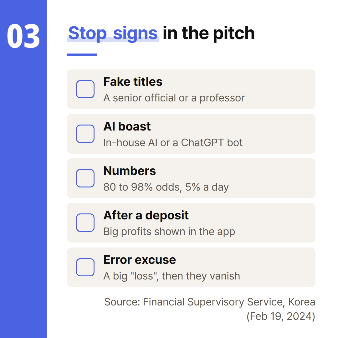 The FSS list for fake AI automated trading, in order. Any one of these is a reason to stop.