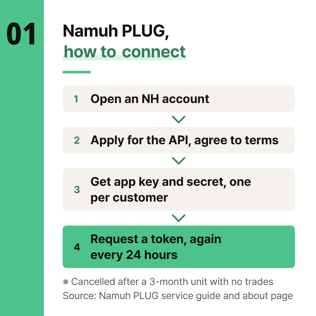 The four steps from the service guide and the token request that repeats every day.