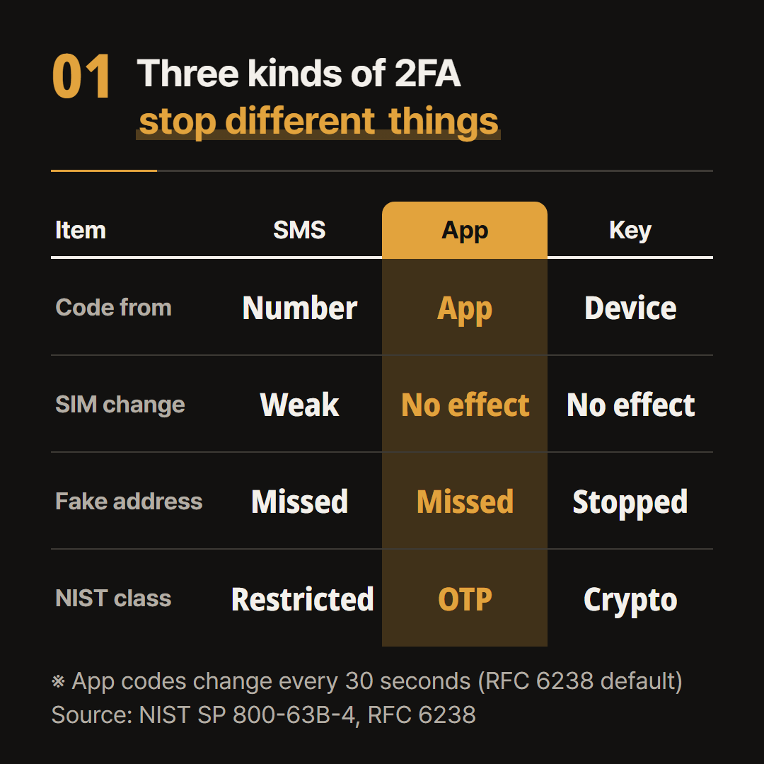 The three methods side by side, using the US NIST guideline (SP 800-63B) and the TOTP standard.