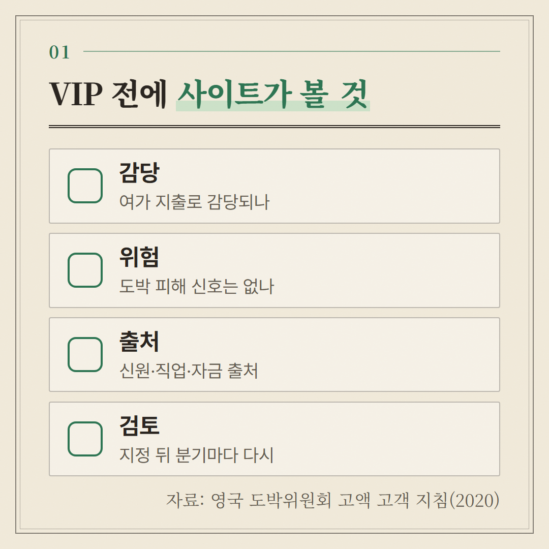 영국 도박위원회 고액 고객 지침에서 VIP 지정 전과 뒤에 볼 항목을 골라 옮겼다.