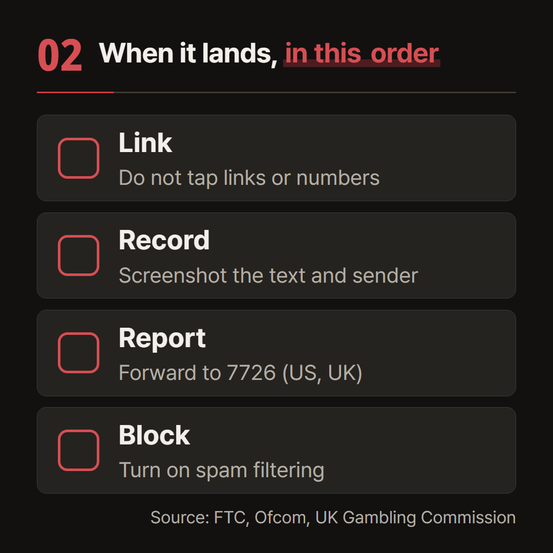 The reporting routes from the FTC, Ofcom and the UK Gambling Commission, in the order to follow.
