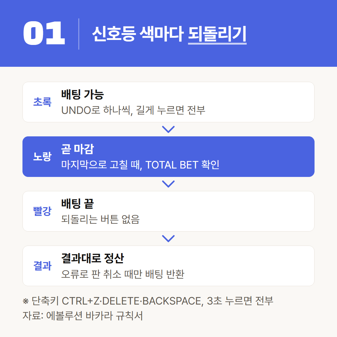 에볼루션 규칙서의 신호등 세 단계와 그때 쓸 수 있는 버튼을 순서대로 놓았다.