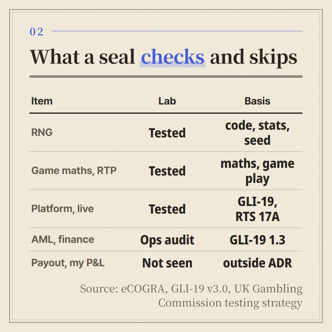 What a testing lab checks and what it leaves out, taken from the labs' own documents.