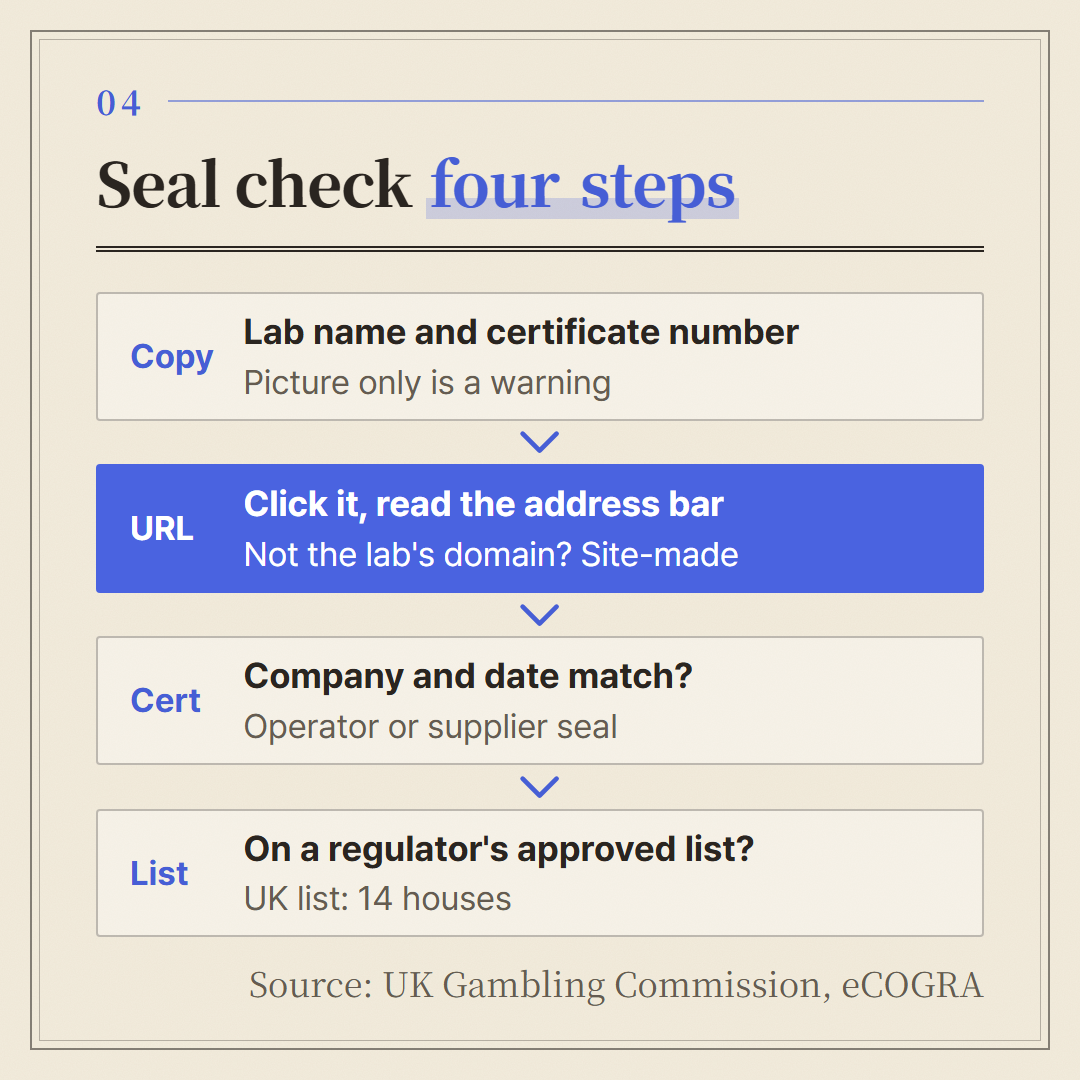 Four steps from the seal at the bottom of a site back to the lab's certificate.