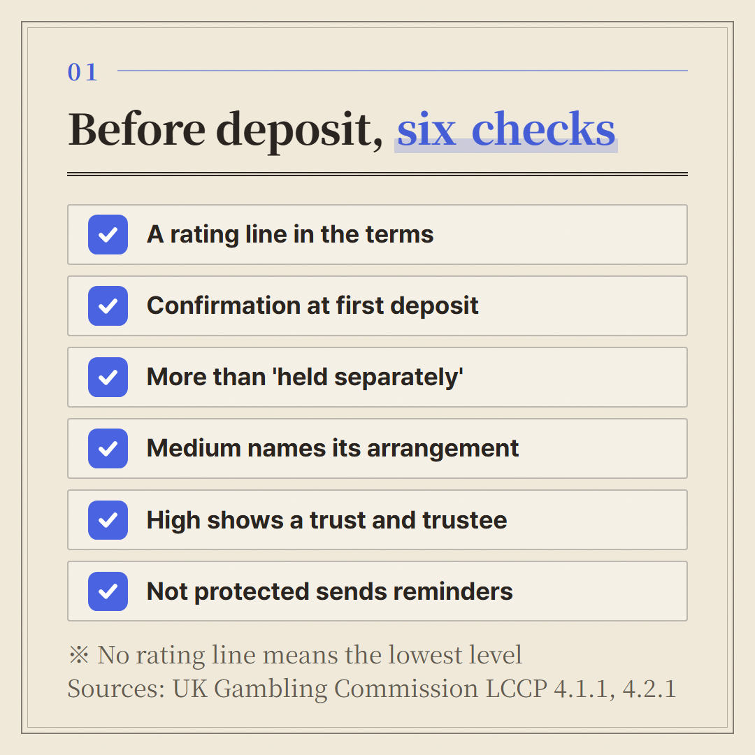 Open the deposit screen and the terms and go down from the top. Each line is licence condition 4.2.1 or the ratings document turned into a question.