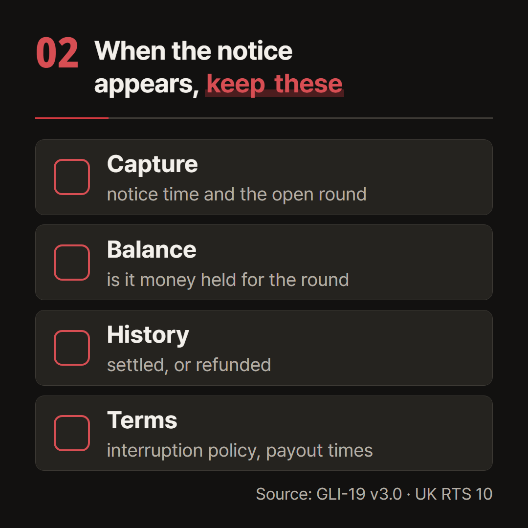 What to keep, in order, from the moment the notice appears until the game reopens.