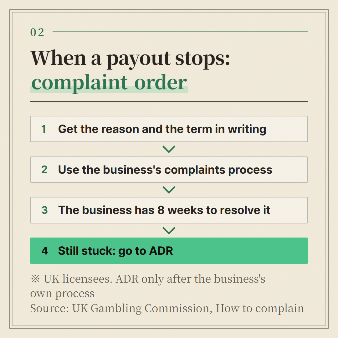 Based on the UK Gambling Commission complaints guide. Under another regulator's licence, follow that regulator's process.