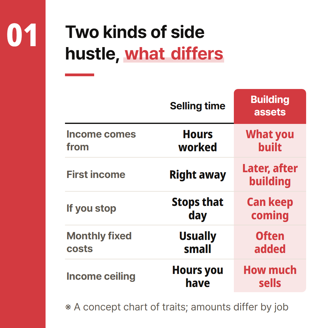 A concept chart of how the two kinds differ. The real amounts in each cell vary from job to job.