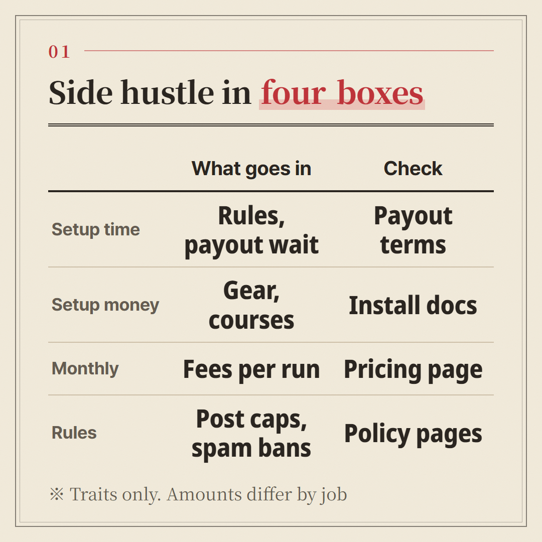 Split into four boxes, the same side hustle shows the boxes the video left out. The words are traits, not amounts.